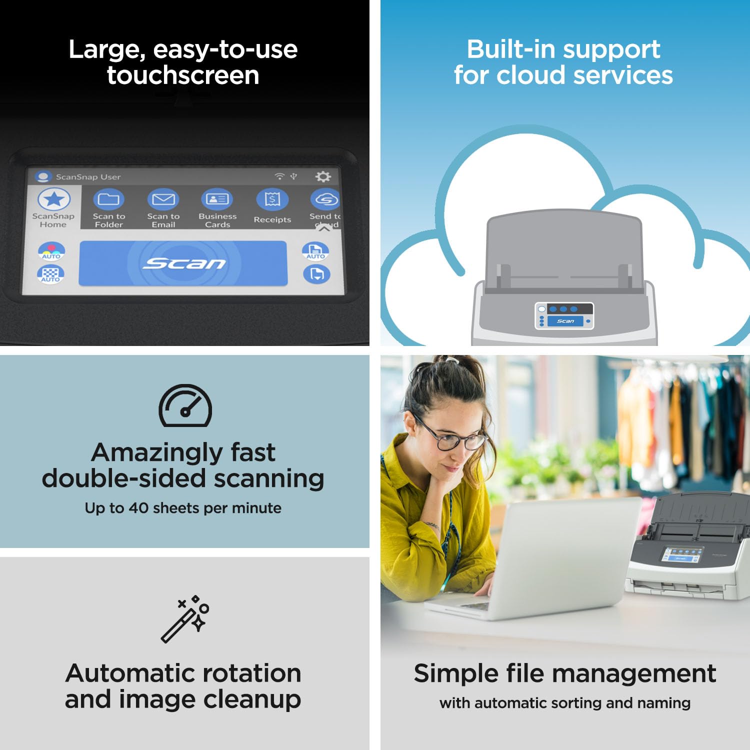 ScanSnap iX1600 Wireless or USB High-Speed Cloud Enabled Document, Photo & Receipt Scanner with Large Touchscreen and Auto Document Feeder for Mac or PC, White