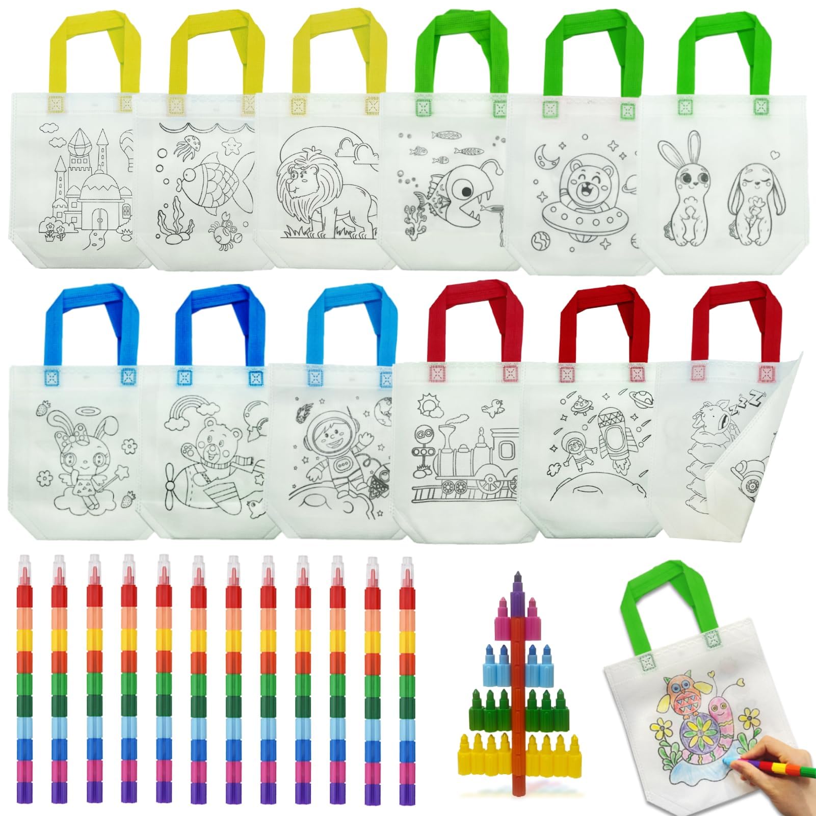 ICEPAPA, 12 DIY graffiti bags for kids and 12 Stacking Crayons(10 Colours in 1), Colouring Sets, Ideal Reusable Party Bags for Kids and Party Favours