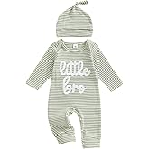 pengnight Baby Boy Clothes Little Bro Newborn Outfit Ribbed Knit Long Sleeve Baby Brother Romper Striped Bodysuit with Hat