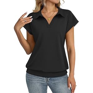 TICTICMISS Womens Cap Sleeve Polo Shirts Banded Bottom Summer V Neck Tops | Loose Fit, Cotton Blend, Collared Tops, Not Cling