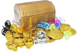 PEMALIN Mini Pirate Treasure Chest Set for Kids, Toy Pirate Decorative Box Pretend Play or Halloween Cosplay Party, Birthday, Christmas, Include Pirate Coins, diamonds, skull rings, skull tag
