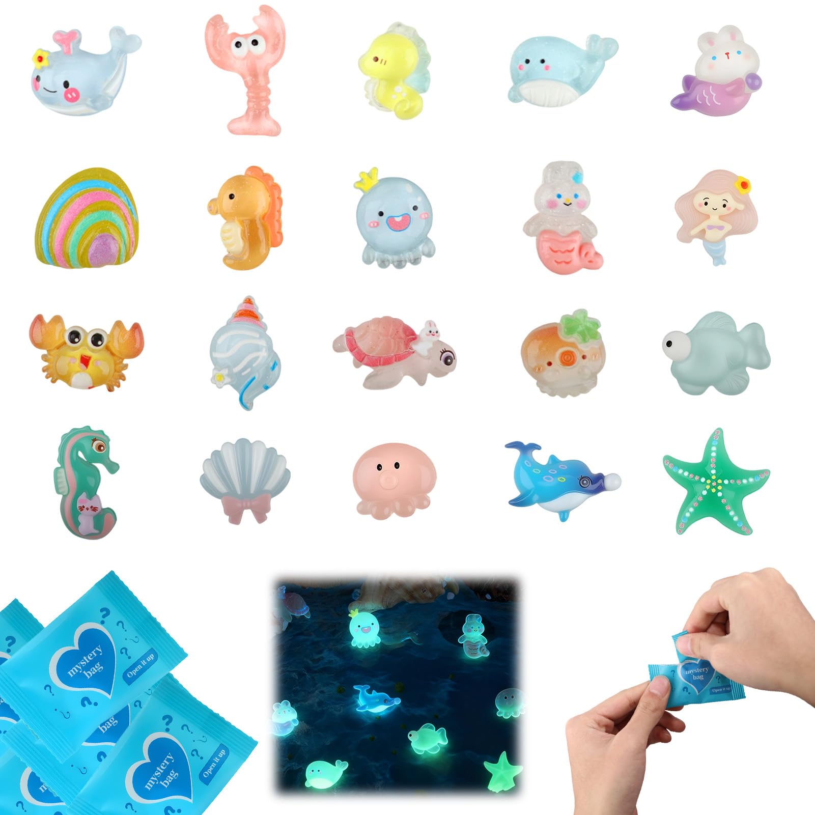 Aihoom 50Pcs Mini Resin Animals Mixed Blind Bags, Mystery Blind Bags with Luminous Tiny Animal, Glass Animals Figures Mini, Random Little Plastic Animals for DIY Crafts, Fairy Garden (Marine animals)