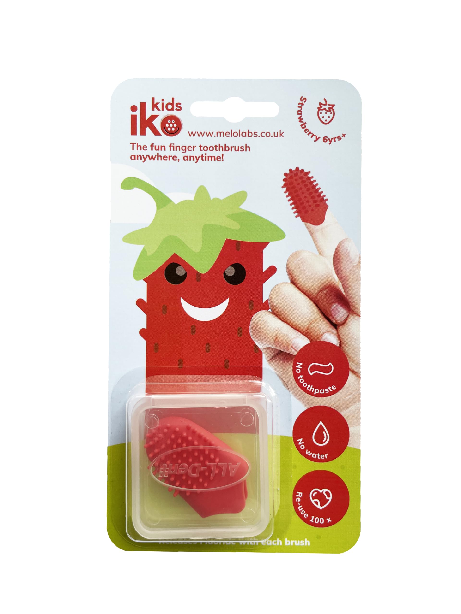 iKo Kids Finger Toothbrush + Clear Case, Soft Touch, No Toothpaste or Water Needed, 100% Recyclable Eco Child/Kids Home Dental Care, Mini Travel Oral Health Holiday Essential 4 Flavours - Strawberry