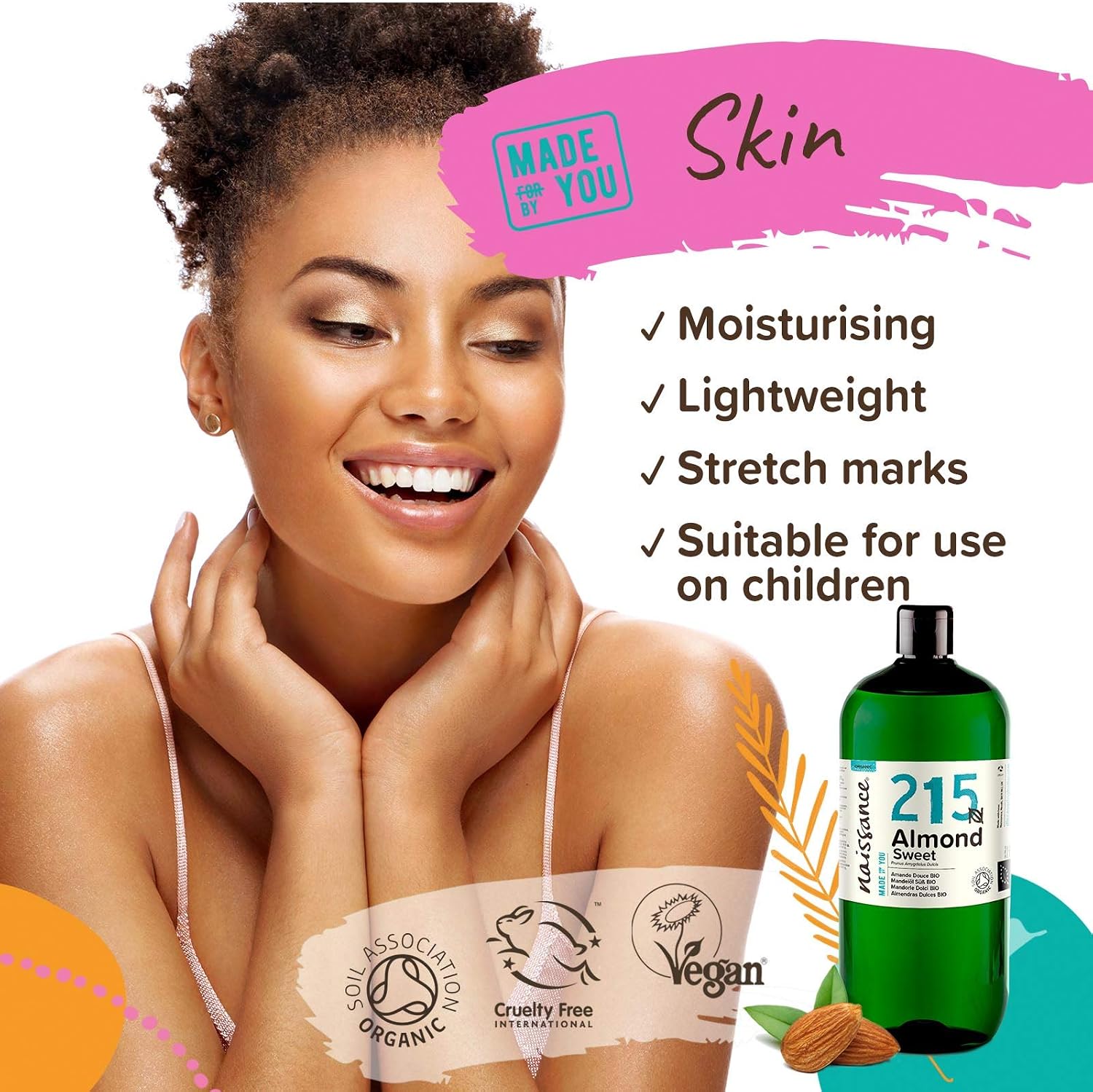 Naissance Organic Sweet Almond Oil (No. 215) 900ml, Cold Pressed and Unrefined, for Skin Hair, Massage, Nails, Ears, Face - Image 4