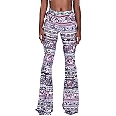 Women High Waisted Fit Flare Ethnic Paisley Floral Bell Bottoms Yoga Pants Flared Leggings