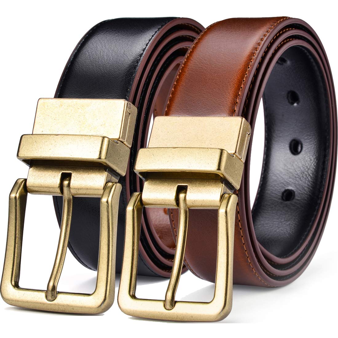 Photo 1 of ****REVERSIBLE***Beltox Men’s Belts Reversible Leather 1.25” Wide 1 for 2 Rotate Buckle Gift Box (Antique Gold Buckle with Black/LT Brown Belt, 34-36)