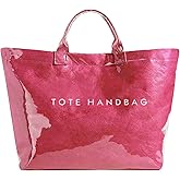 ALUSBELL Large PVC Tote Bag for Women Letters Print Tote Handbag Kraft Paper Travel Shoulder Bag Clear Carry All Hobo Handbag