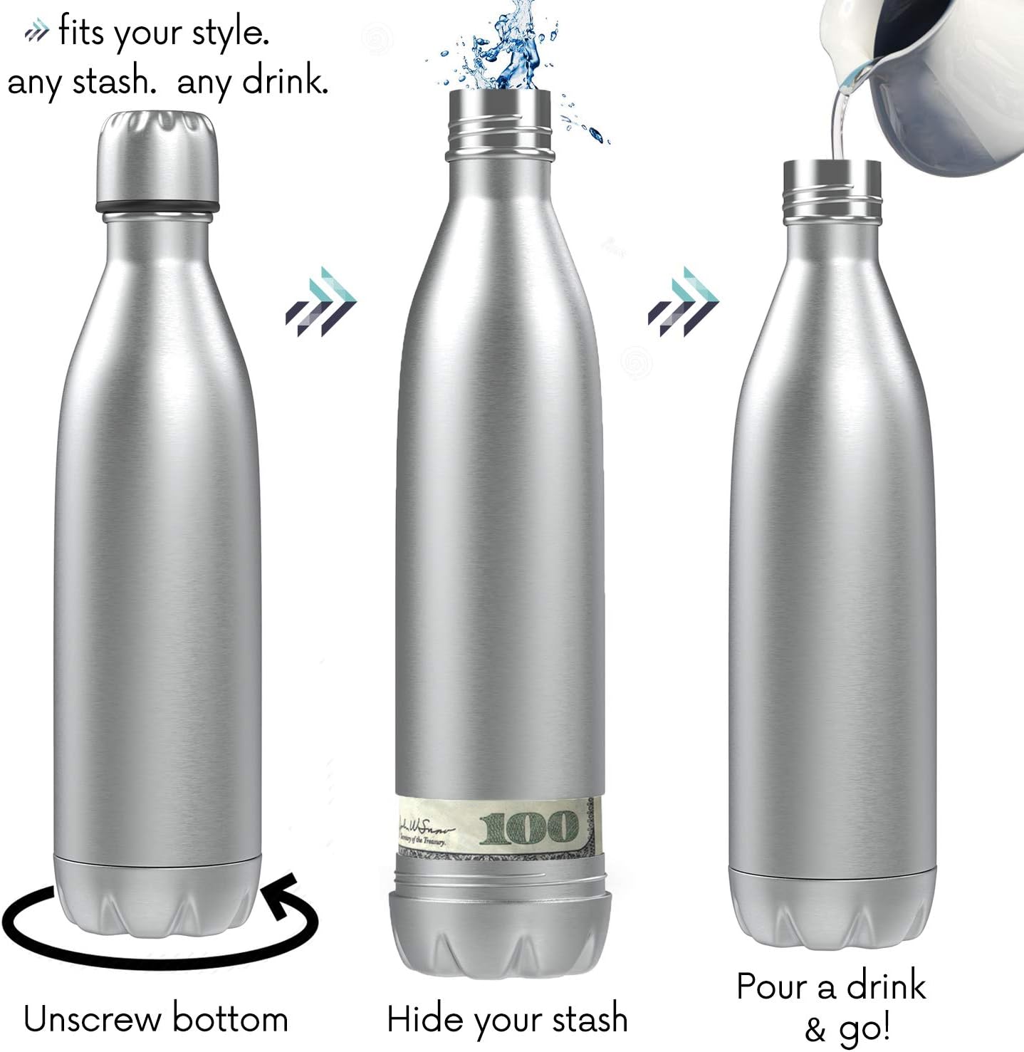 Diversion Safe Water Bottle | Stash Can Hidden Bottom for Valuables | 17ounce Liquid Capacity and Dry Storage Compartment | Stainless Steel Vacuum Insulated Leak Proof | BONUS Smell Proof Bag Included - - 