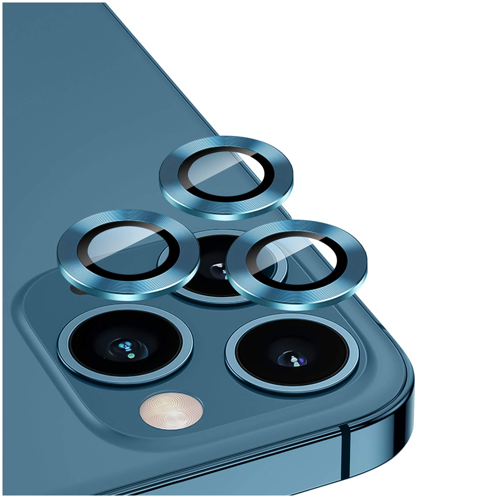 DIKKAR Camera Lens Protector for iPhone 12 Pro Max, Anti-Scratch HD Tempered Glass Aluminum Alloy Back Camera Protector Sticker,Metal Ring Circle Lens Screen Cover Film (Pacific Blue)