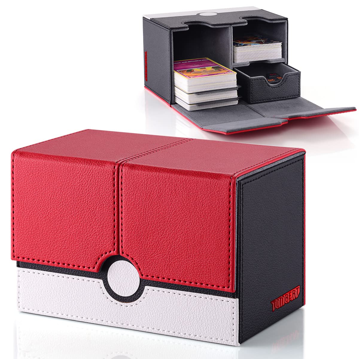 Photo 1 of tombert Card Deck Box with 2 Dividers and a Dice Tray for MTG Cards, 380+ Card Storage Box Fits 150 Double Sleeved Cards for TCG CCG (Red &White)