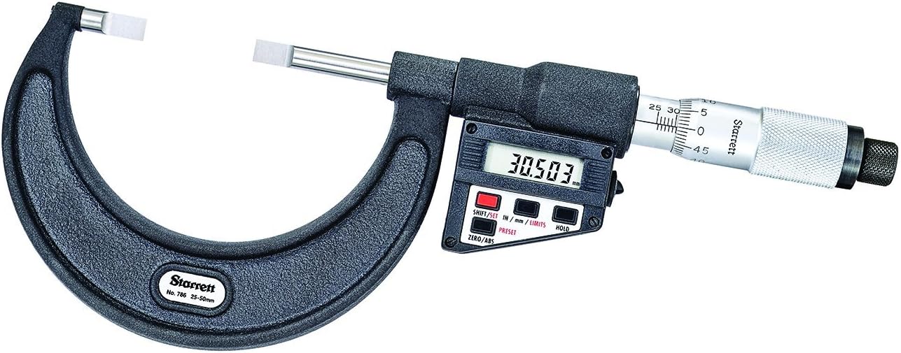 Starrett 786MEP-50 LCD Blade-Type Micrometre, Non-Rotating Spindle, Plain Thimble, 25-50mm Range, 0.001mm Graduation
