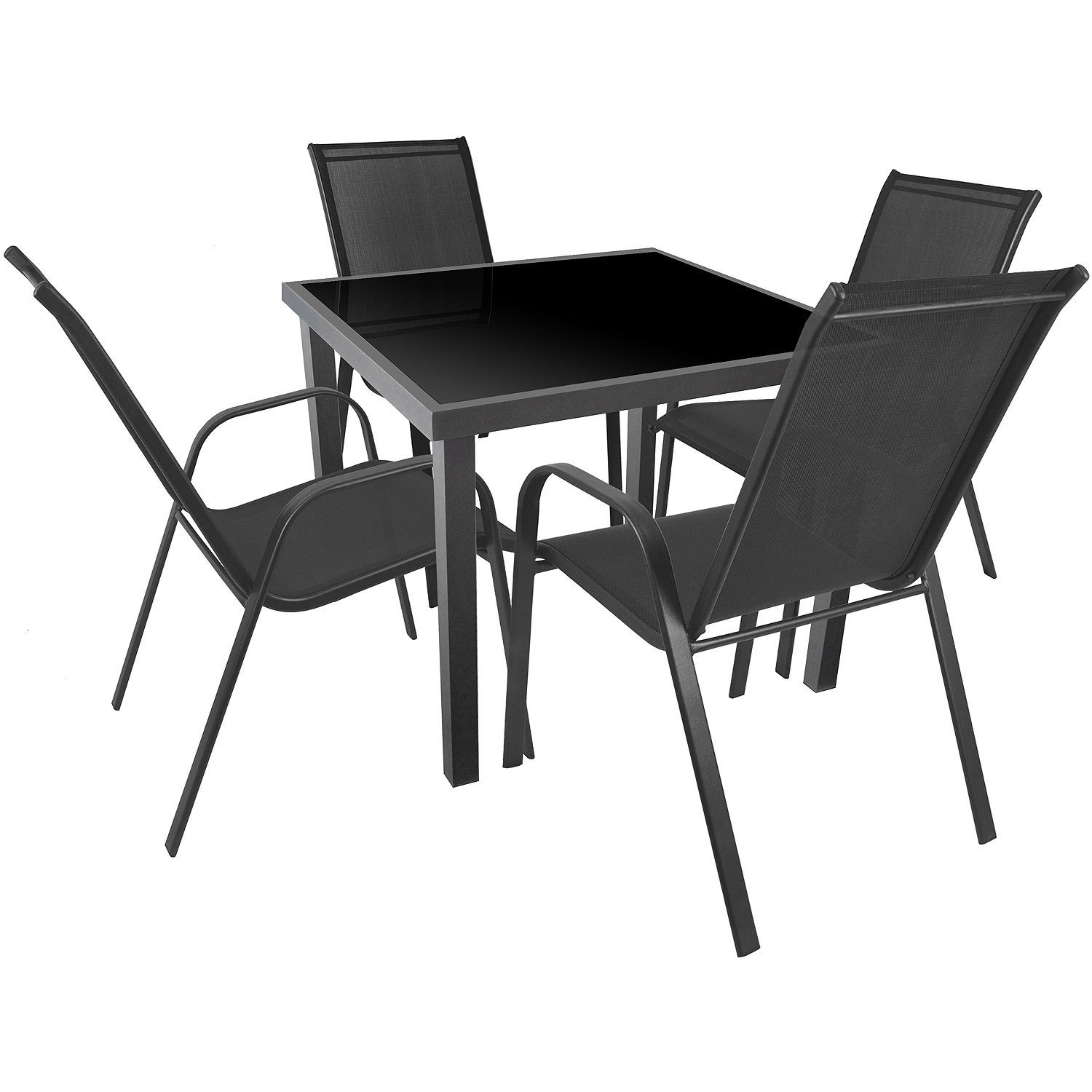 5tlg. Gartengarnitur Alu Glastisch schwarze Tischglasplatte 90x90cm + Stapelstühle mit ...