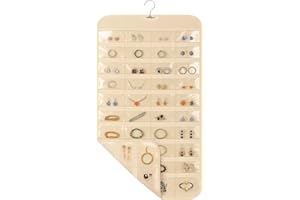 OKXIRI Hanging Jewelry Organizer for Closet with Swiveling Hanger, 17 x 30 In, 80 Clear Pockets Jewelry Organizer Hanging for Jewelries, Earrings, Accessories (Beige)
