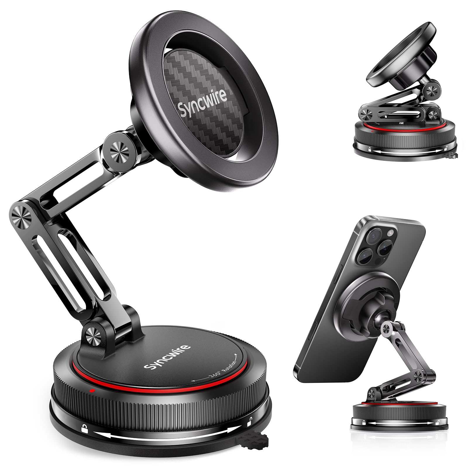Photo 1 of SYNCWIRE for MagSafe Car Mount [3-Axis Design] Strong Suction Cup Magnetic Phone Holder, 360° Rotation, Compatible with iPhone 17 Pro Max 16 15 14 13 12, Samsung, Carbon Fiber Head, Gloss Black Arm