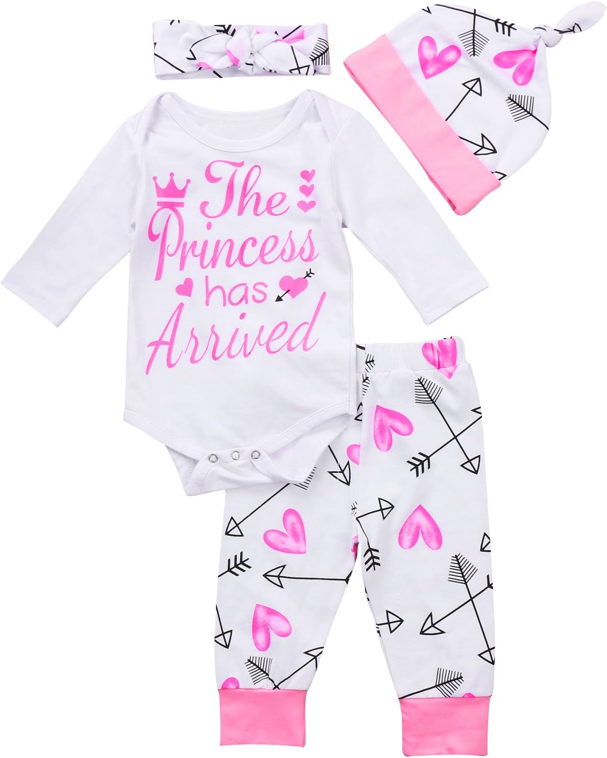 4 pcs Baby Girls Pants Set Newborn Infant Toddler Letter Romper Arrow Heart Pants Hats Headband Clothes