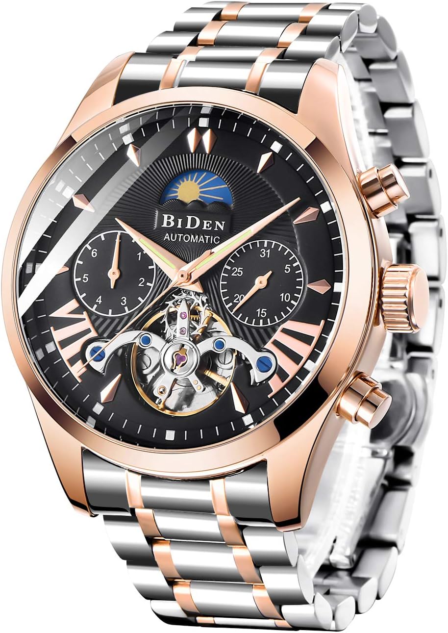 Men's Watch Luxury Mechanical Moon Phrase Skeleton Luminous Hands Automatic Self-Wind Leather/Stainless Steel Wrist Watch
