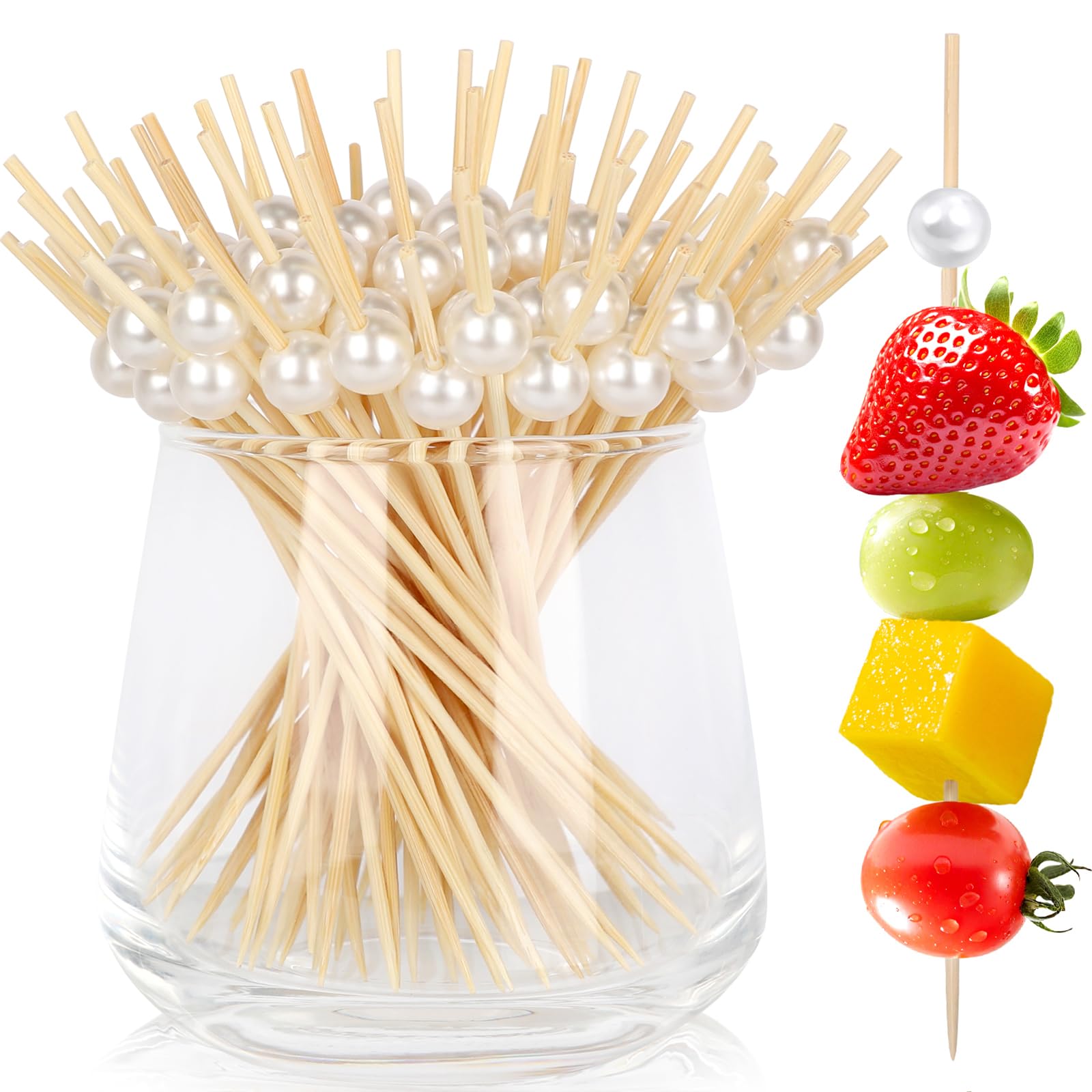 Photo 1 of 200 Cocktail Picks, White Pearl Fancy Toothpicks for Appetizers Drinks Fruit Food, 4.7 in Long Bamboo Skewers Wood Cocktail Sticks for Wedding Bridal Shower Party Decor Charcuterie Boards Accessories