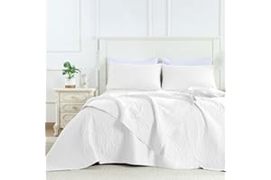 FLYMME King/Cal King Size Quilt Bedding Set,White Microfiber Lightweight Soft Bedspread,Reversible Farmhouse Floral Pattern Coverlet Set for All Seasons,3 Piece Includes 1 Quilt and 2 Shams