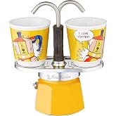 Bialetti - Mini Express Lichtenstein: Moka Set includes Coffee Maker 2-Cup (2.8 Oz) + 2 shot glasses, Yellow, Aluminium
