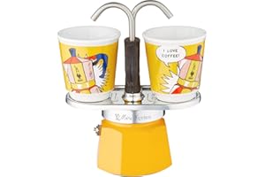 Bialetti - Mini Express Lichtenstein: Moka Set includes Coffee Maker 2-Cup (2.8 Oz) + 2 shot glasses, Yellow, Aluminium