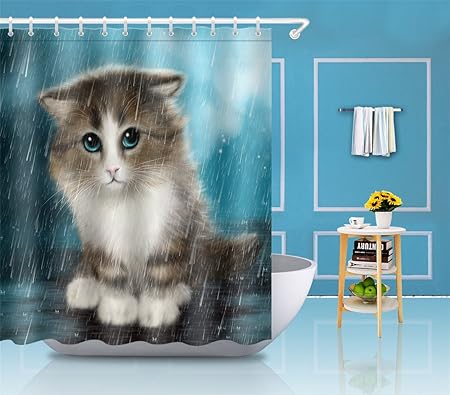 Lb Polyester Tissu Impermeable Anti Moisissure Un Chat Mignon Sous La Pluie Motif Rideau De Douche Avec 12 Crochets En Plastique 180x180cm Amazon Fr Cuisine Maison