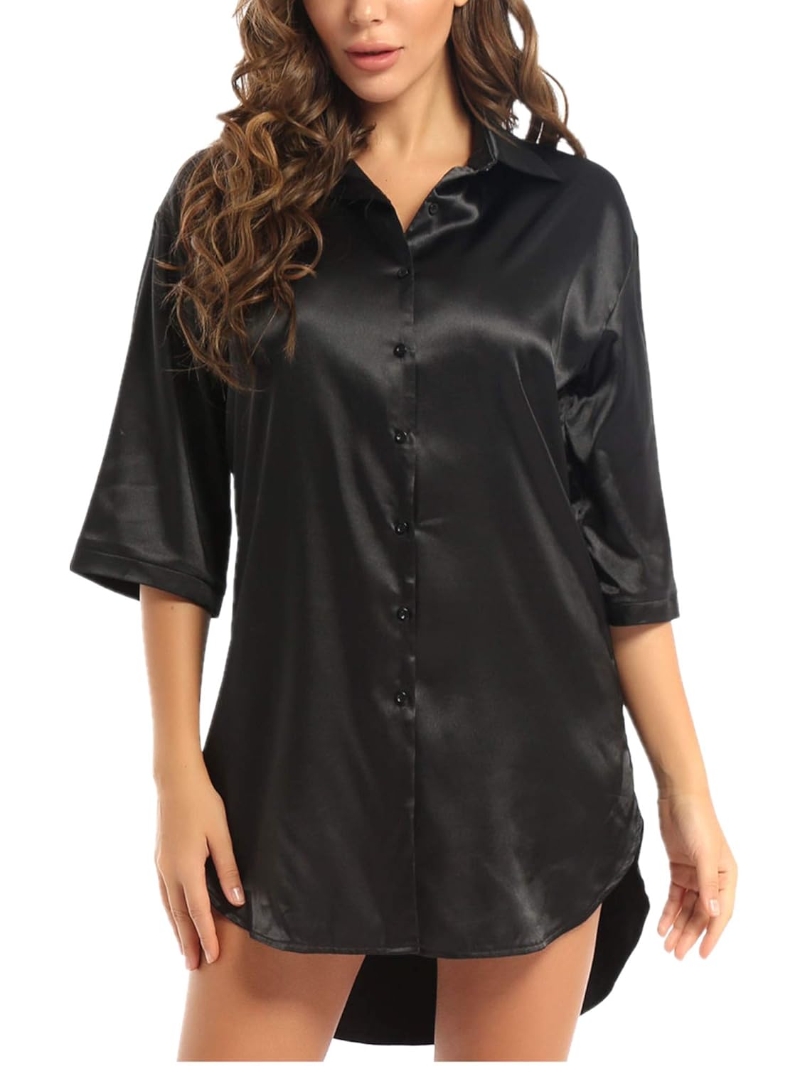 Buy FEESHOW Women's Nightgown Satin Button Down Nightshirt 3/4 Sleeve Sleepshirt Night Dress