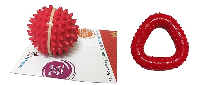 Foodie Puppies Dog Rubber Chew Toy Combo (Spike Ball Toy + Trio Triangular Chew Toy) - Color May Vary