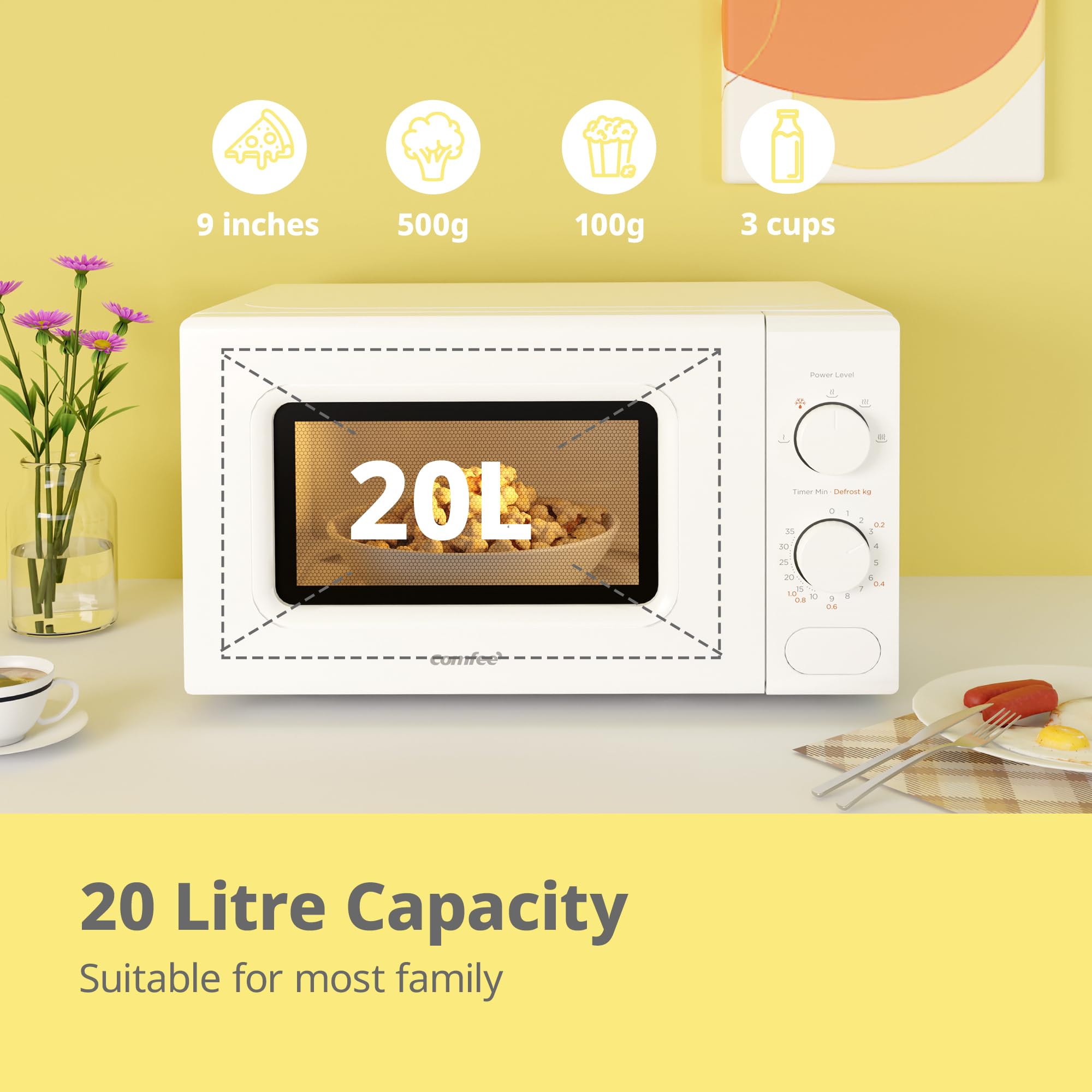 COMFEE' 700W 20L White Microwave Oven With 5 Cooking Power Levels, Quick Defrost Function, And Kitchen Manual Timer - Compact Design CM-M202CC(WH)