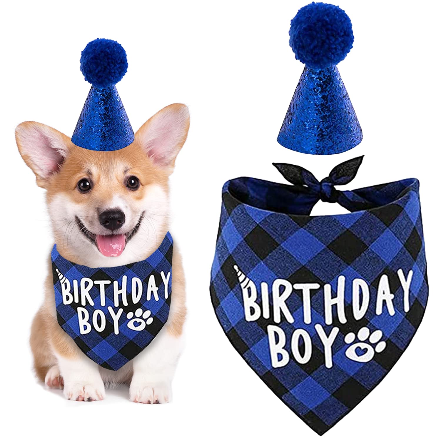 SUBTAVIK Dog Birthday Bandana & Hat, Blue, Cotton, Up to 22 Inch Neck, Small & Medium Dogs, Male, Festive, Birthday Boy Design, 2 Count