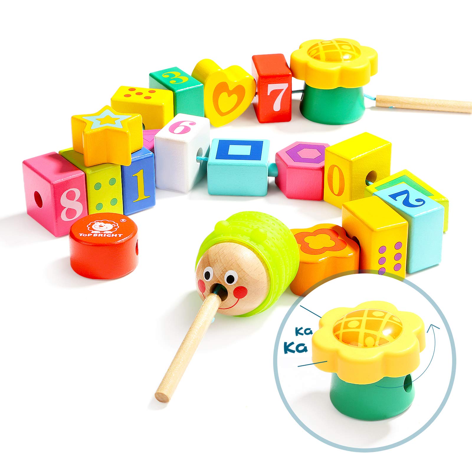 TOP BRIGHT Wooden Lacing Beads and String for Toddlers, Kids Threading Toys for 2 3 Year Olds, Fine Motor Skills Montessori Toys for Two Year Old Preschool Boy Girl Gifts Age 2