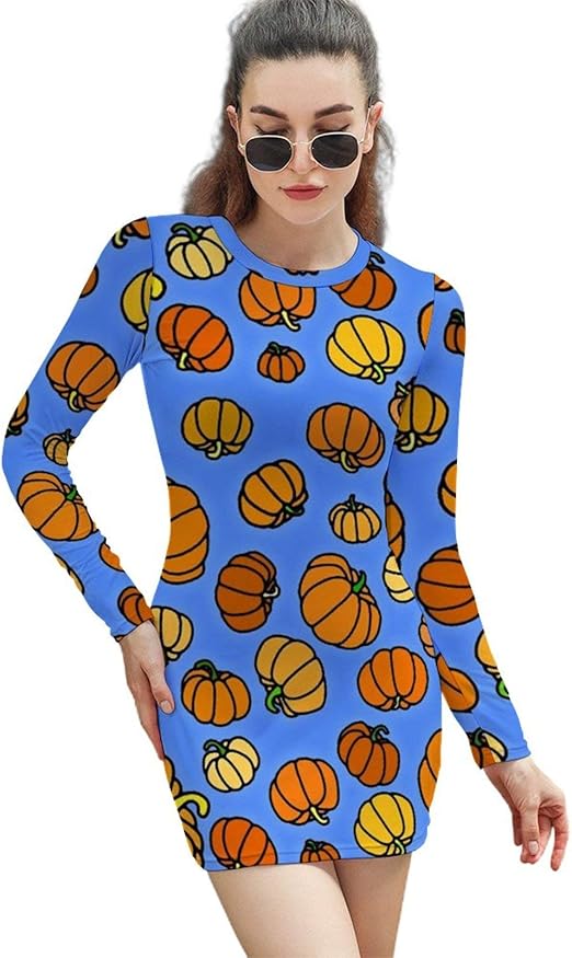 Amazon.com: Orange Pumpkin Halloween Pattern Women's Sexy Bodycon Dress Club Party Long Sleeve 