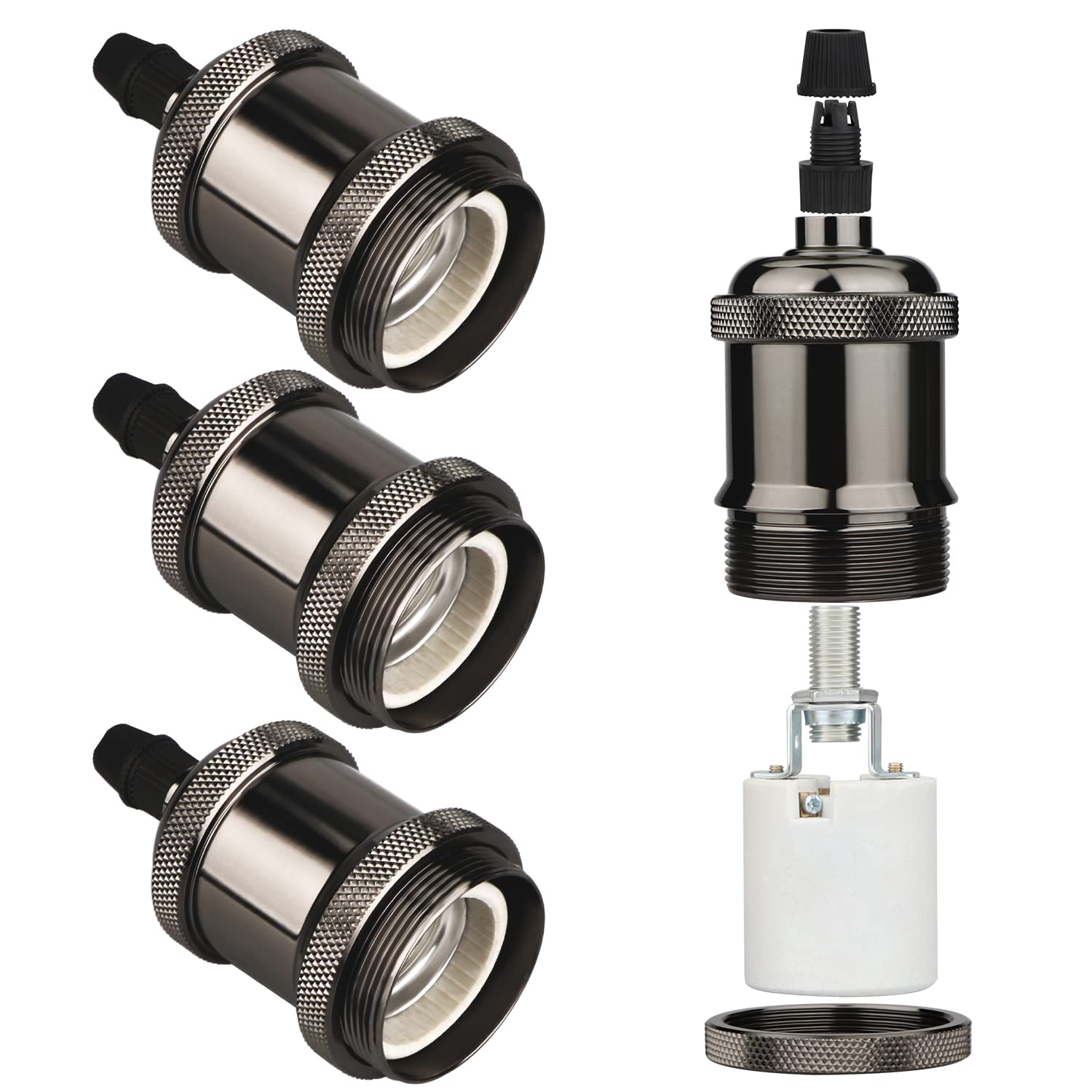 Zevnico E27 Lamp Holder, 4 Pcs E27 Bulb Holder, Gloss Black Vintage Socket Light Bulb Holder, Ceramic Rated 4A 250V, for DIY Pendant Lamp Ceiling Hanging Light Retro Edison Screw Bulb Holder Adaptor