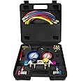 BACOENG AC Manifold Gauge Set for R134A R410A R22, Automotive 4 Way Refrigerant Recharge, with 5FT Hose, 3 Acme Tank Adapters, Adjustable Quick Couplers and Universal Can Tap