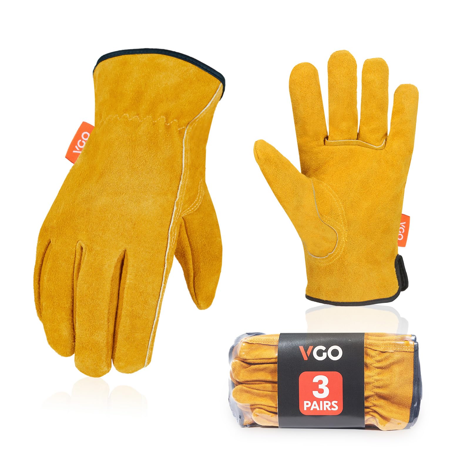 Vgo... 3Pairs Work Gloves in Cowhide for Gardening Lorry, Heavy Duty Gardening Gloves Men in Leather Multi Utility with Strong Grip (Size XL,Gold,3Pairs)
