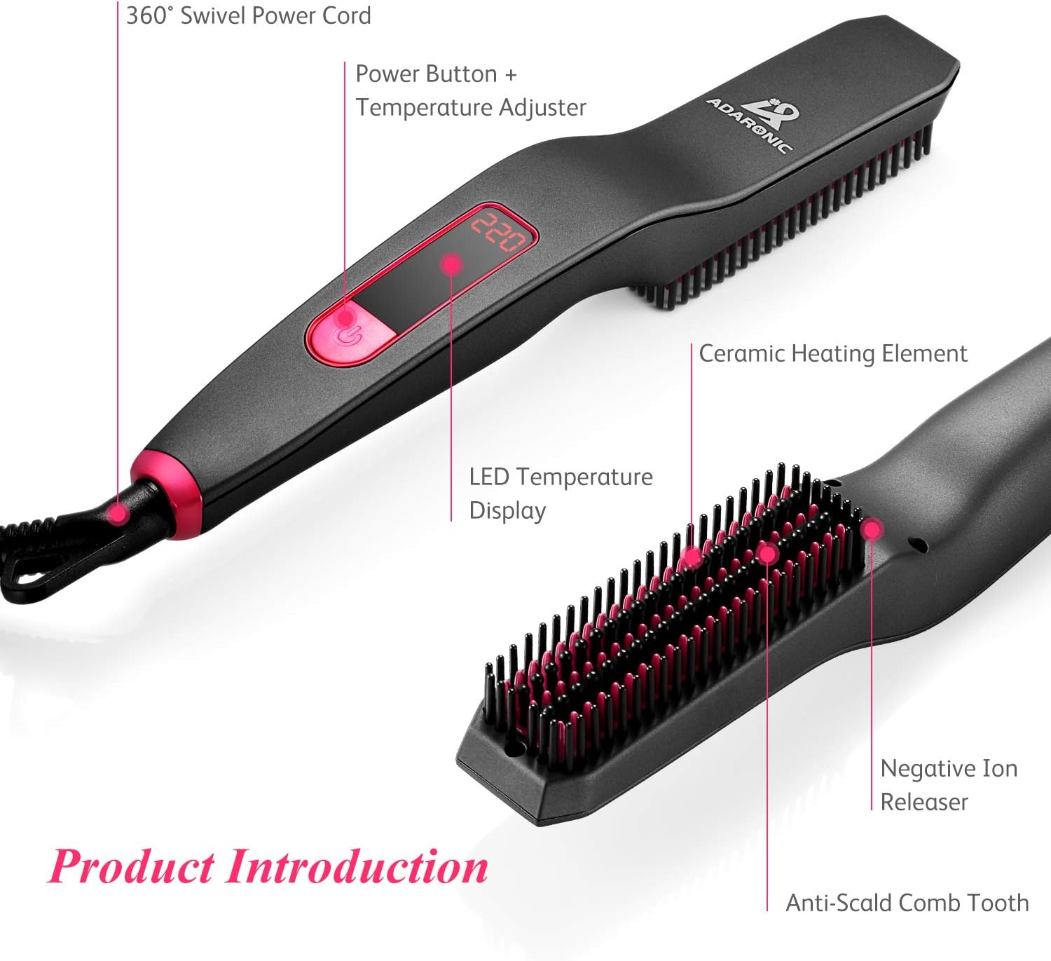 Adaronic EDC - Ionic Hair Straightener Brush for Women - Professional Straightening Tool Heated Comb with Anti-Scald 6 Adjustable Temperatures - for Home and Travel: Health & Personal Care