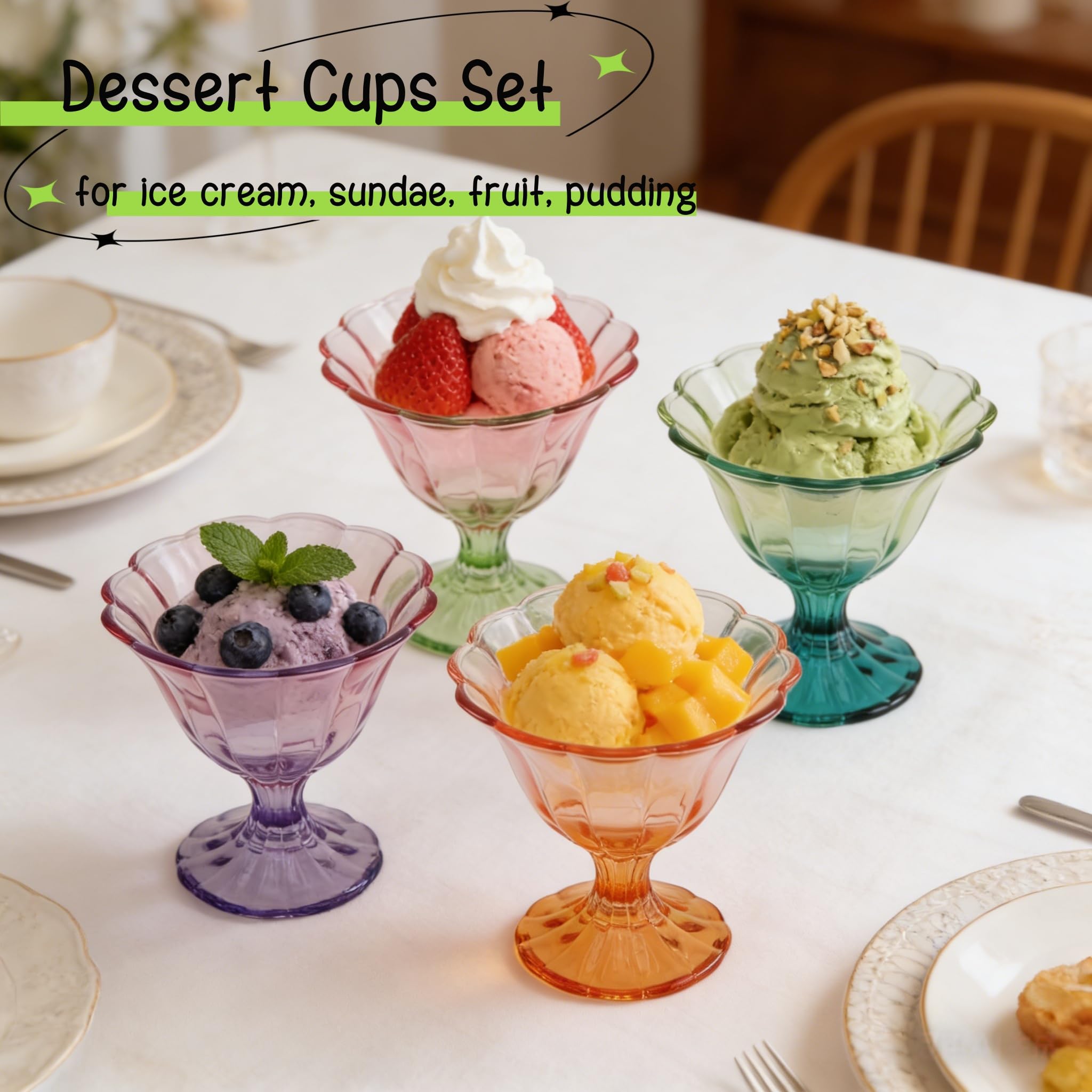 Glass Dessert Bowls 10 Oz Set of 4 Ice Cream Cups Footed Bowl Assorted Colors Clear Drinking Cup for Sundae, Dessert, Candy, Fruit, Ice Cream, Snack Pudding