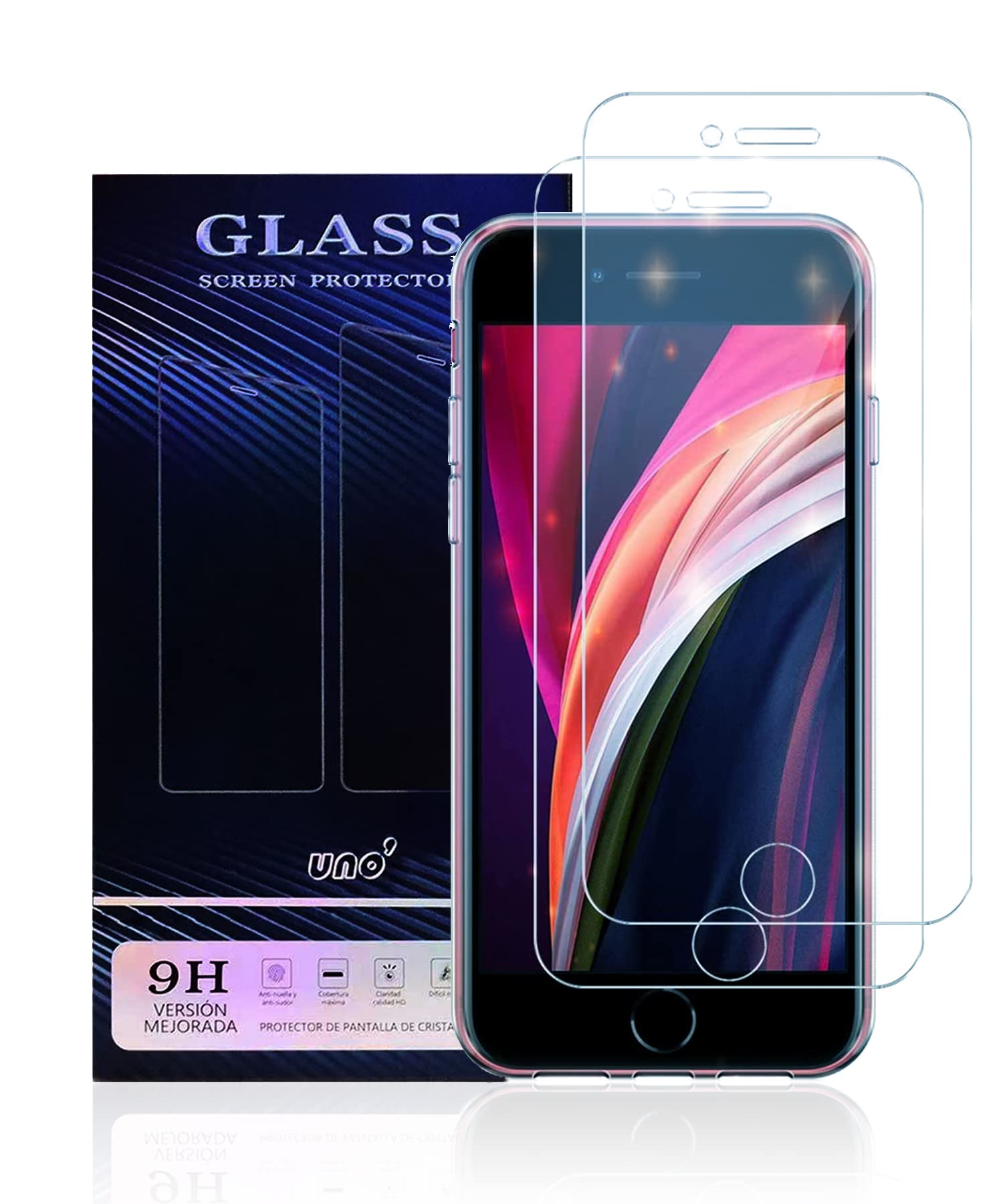 UNO' Screen Protectors For Iphone 7 And Iphone 8, 4.7-inch, 9h, Shock Resistant, Hd Ultra, Resistant, Tempered Glass Film, 2 Pack.(not For Iphone Se 2020).