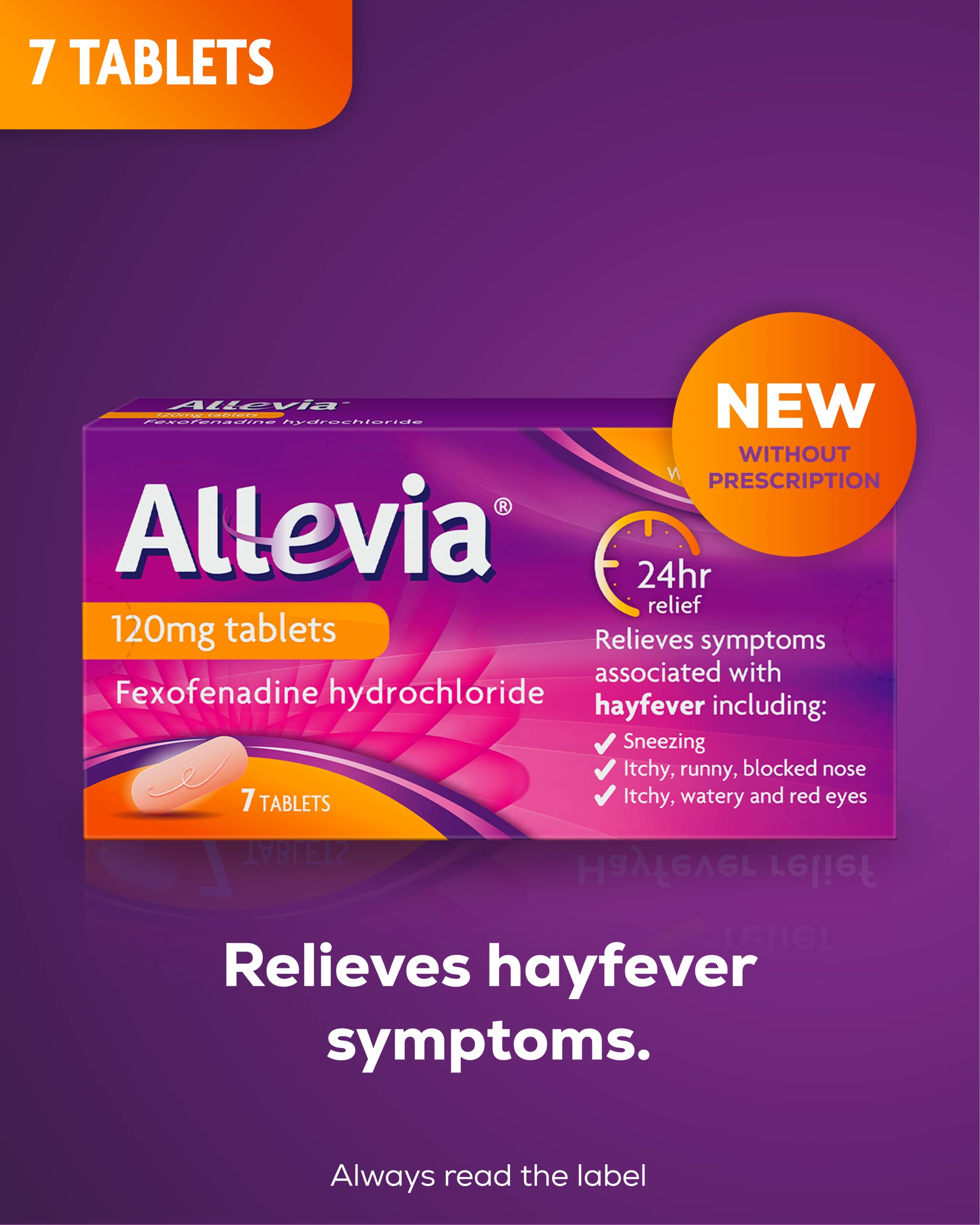 Allevia Hayfever Allergy Tablets, Prescription Strength 120 mg Fexofenadine, 24hr Relief Acts Within 1 Hour, Including Sneezing, Watery Eyes, Itchy and Runny Nose, 7 Tablets