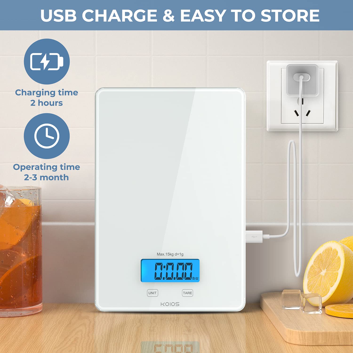 KOIOS Kitchen Scale, 33lb/15kg Digital Food Scales Weight in Grams and Ounces for Cooking Baking, 1g/0.1oz Precise Graduation, Batteries and Type-C Charging, Tare Function, LCD Display, White