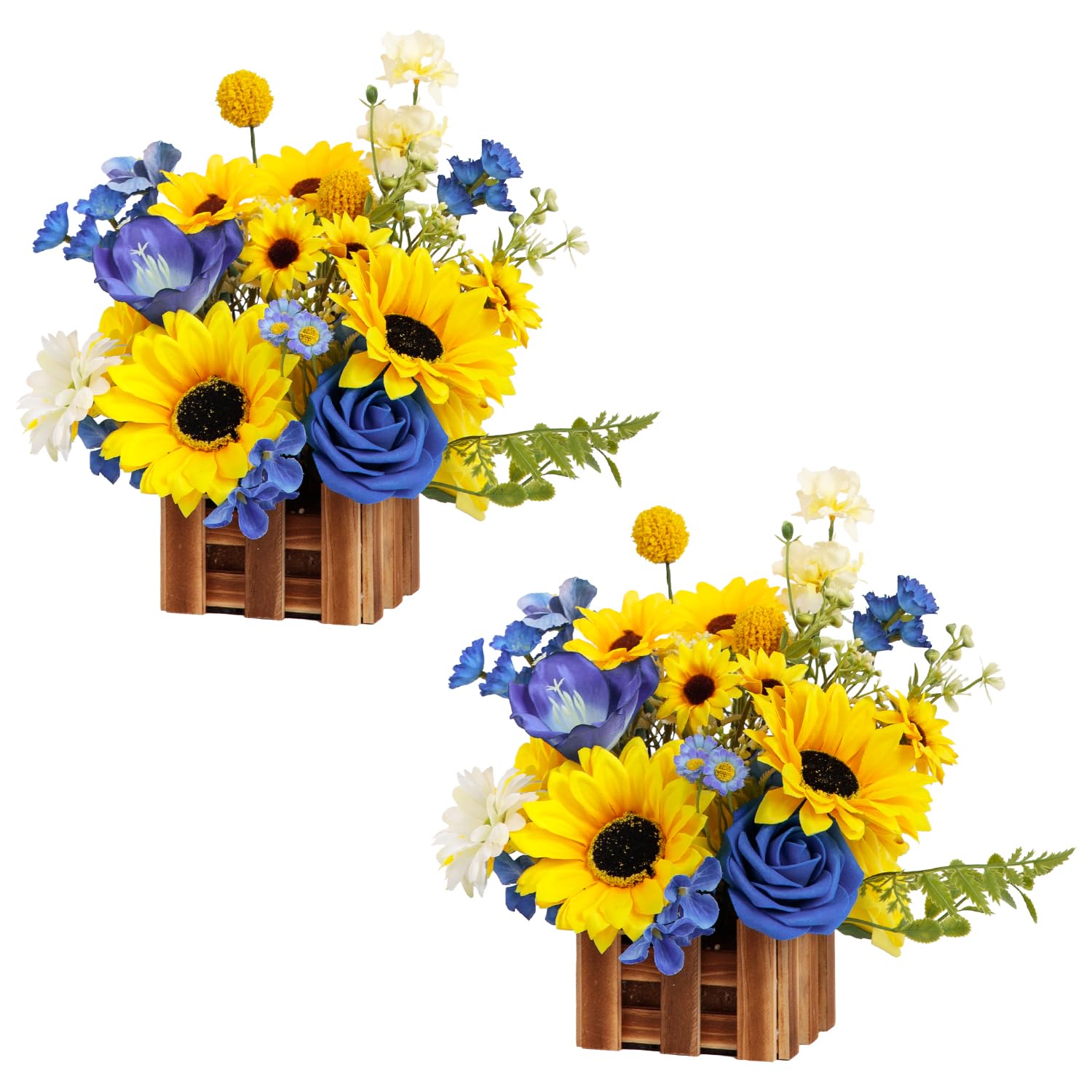 View 1 of (ONLY FLOWERS) TINGE TIME Wedding Centerpiece Flower with Basket, Set of 2 Large Artificial Flowers Floral Arrangement for Tabletop Mantel Archway Aisle (Sunflower & RoyalBlue)