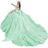 Mouccy Beaded 3D Butterfly Quinceanera Dresses with Train Off Shoulder Sweet 16 Dress Puffy Tulle Prom Dresses Long Ball Gown