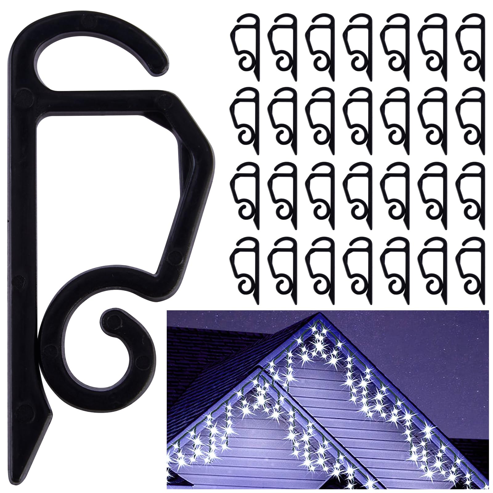 Vikdio 60 Pcs Black Gutter Hooks for Christmas Lights Outdoor, Holiday Lights Clips, Gutter Clips for Fixing String Lights Icicle Lights on Halloween Xmas Decoration Garden Tree Window