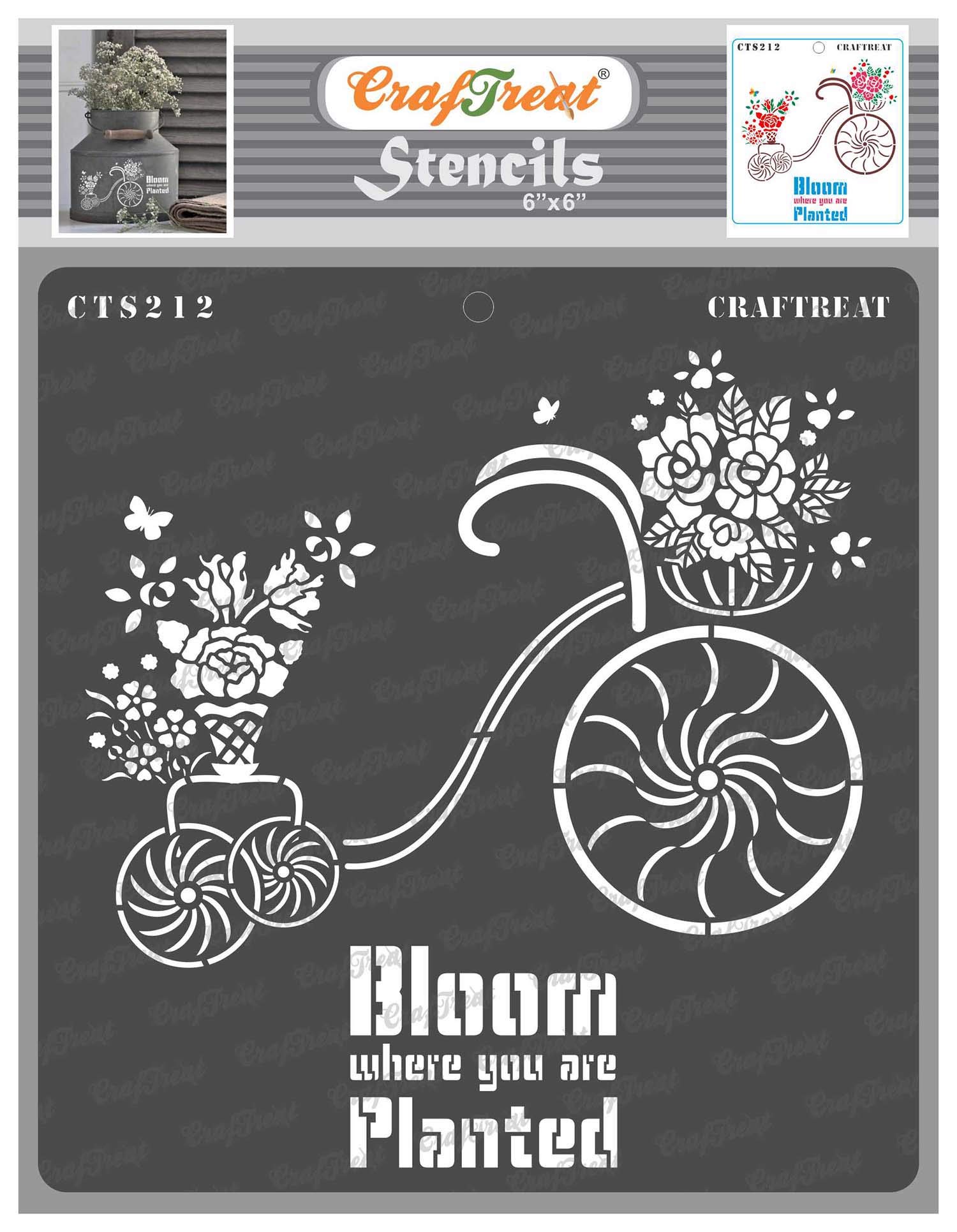 CrafTreat Reusable Bicycle Stencils for Painting on Wood, Canvas, Paper, Fabric, Floor, Wall and Tile - Blooming Plants - 6x6 Inch - DIY Art and Craft Stencils for Home Decor - Flower Stencil