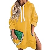 SHEWIN Women's Oversized Casual Pullover Long Sleeve Split Hem Drawstring Hoodies Dress With Kangaroo Pocket