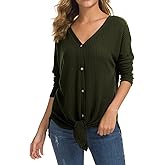 IWOLLENCE Women's Waffle Knit Tunic Blouse Tie Knot Henley Tops Loose Fitting Bat Wing Plain Shirts