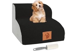 LOCGII Dog Stairs for Small Dogs-2 Steps Soft Foam Dog Steps Ramps for Bed Couch, High Density Pet Steps Stairs for Joint Pain Dog, Cats, and with a Lint Roller (Black)