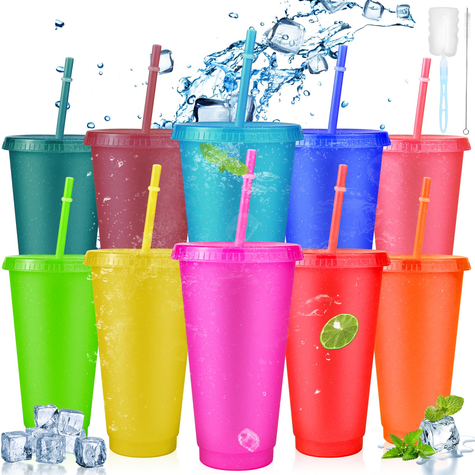 RAINPOP Iced Water Cups with Lids & Straws - 10Pcs 24oz Cold Drinking Tumblers Plastic Tumbler Set Reusable Plastic Cup, Slushie Cup Coffee Smoothie Slushy Drinking Cup Party Cups
