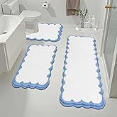 Pauwer Bathroom Rugs Sets 3 Piece Scalloped Bathroom Shower Rugs with U-Shaped Contour Toilet Mat Absorbent Microfiber Plush Bath Mats Non Slip Bath Rug Washable Shaggy Bath Floor Mats, White and Blue