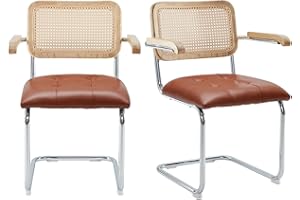 Farini Kitchen Dining Chairs Set of 2 with Armrest,Mid-Century Modern Chair Mesh Backrest Cane Rattan Chairs for Home Dining Room(Brown,PU Leather)