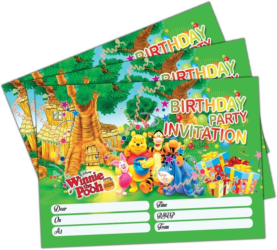 Invitations Winnie The Pooh 20 Cards | Kids Birthday Party Invites Cards | Girls Boys Children Party Cards | with C6 Envelopes Option | With Thank You Cards Option (Only Invites)